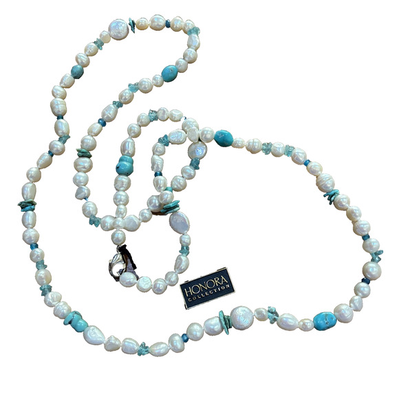Honora Freshwater Pearl & Turquoise Bead 40” Necklace 925 Sterling Clasp NWT - Picture 1 of 5